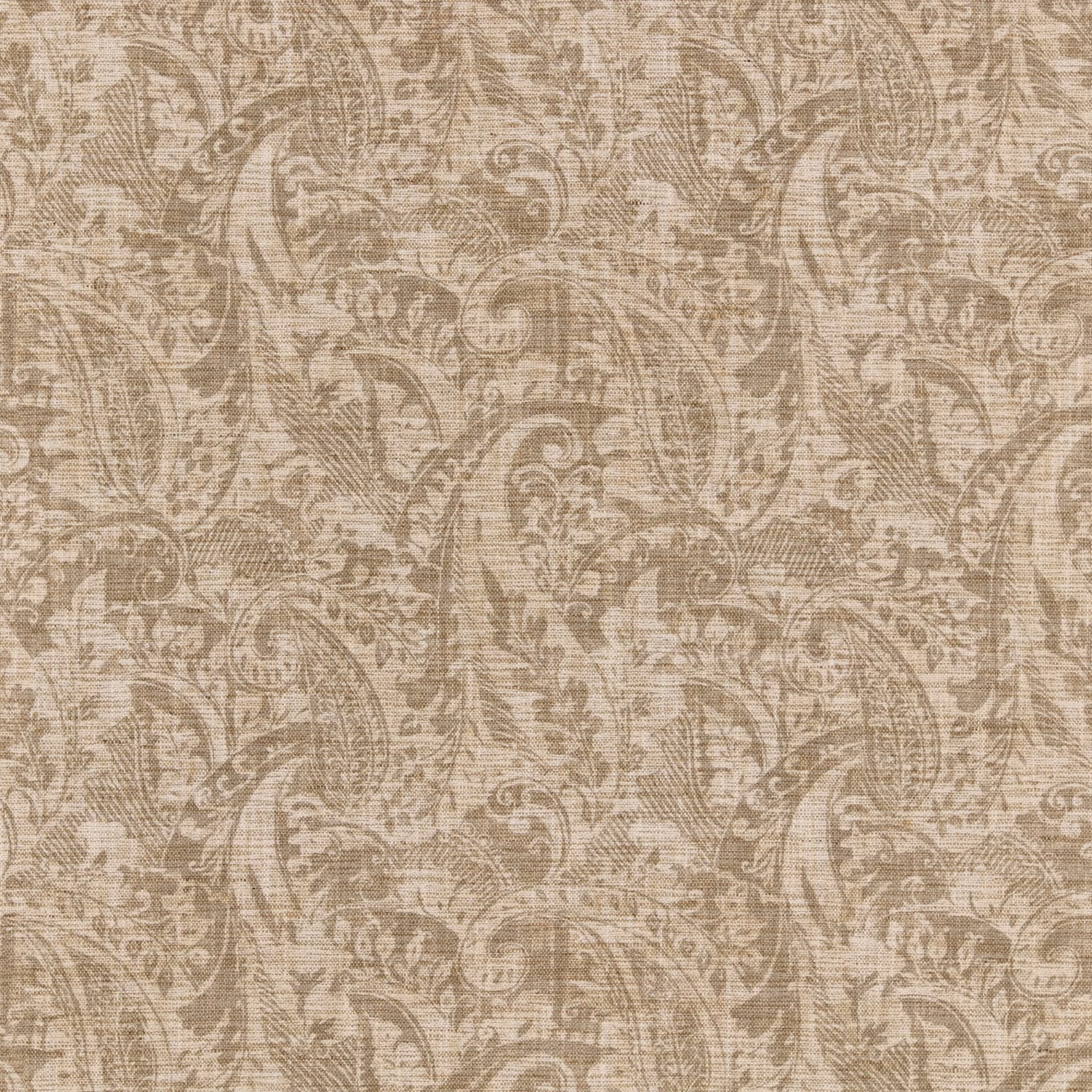 Warm stone woven fabric with taupe paisley and scrolling botanical motifs