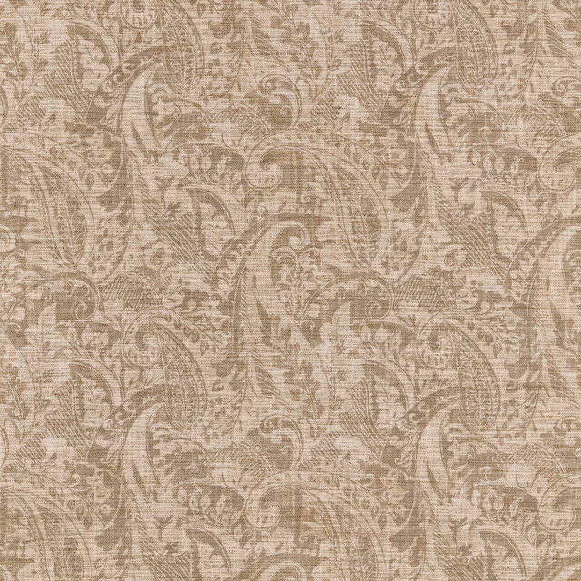 Warm stone woven fabric with taupe paisley and scrolling botanical motifs