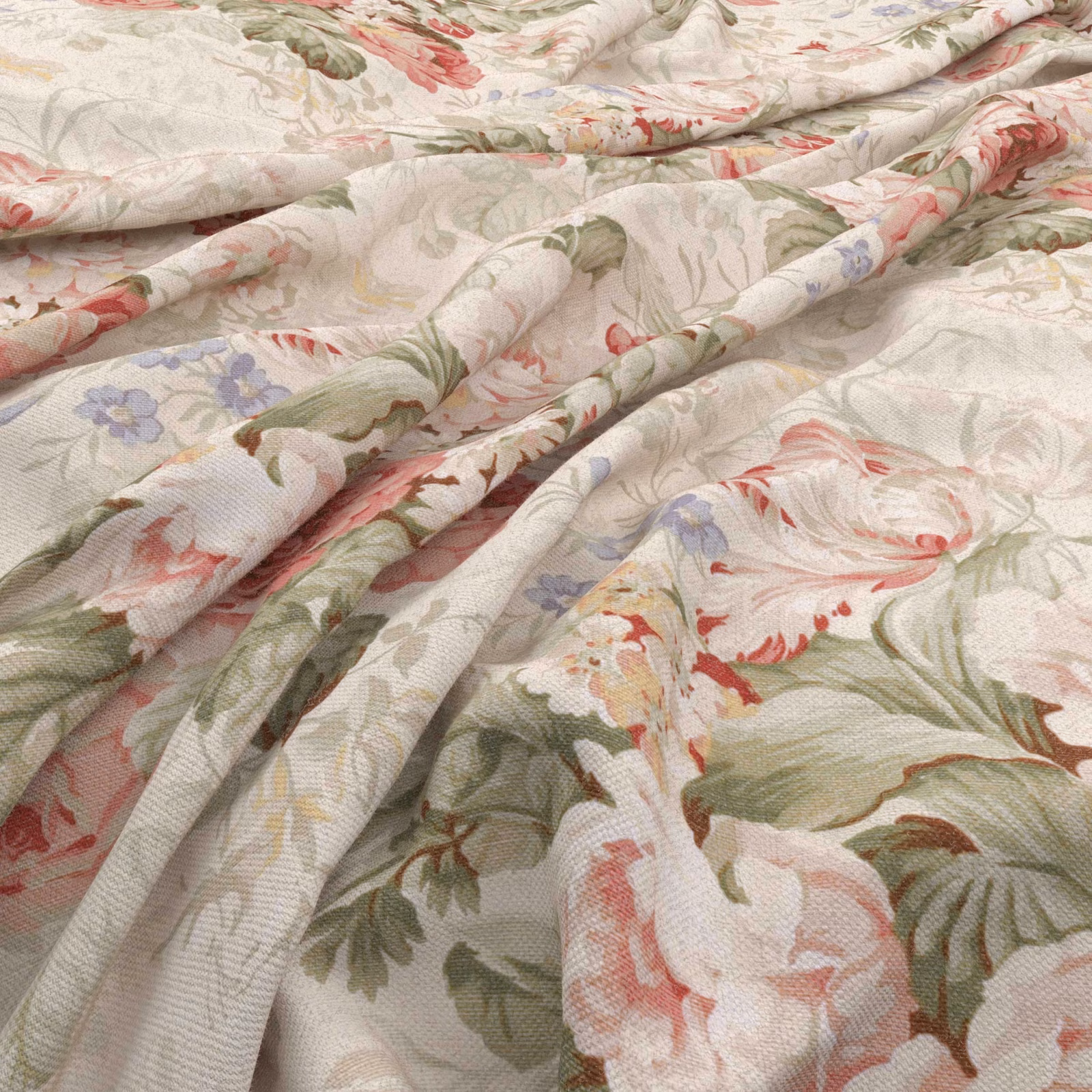 Cream floral fabric with coral blooms, sage foliage and lavender sprigs