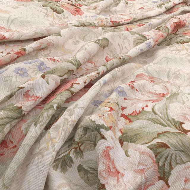 Cream floral fabric with coral blooms, sage foliage and lavender sprigs