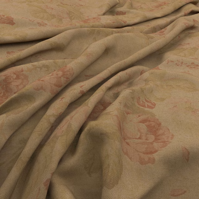 Warm taupe woven fabric with faded blush floral motifs gathered into soft folds