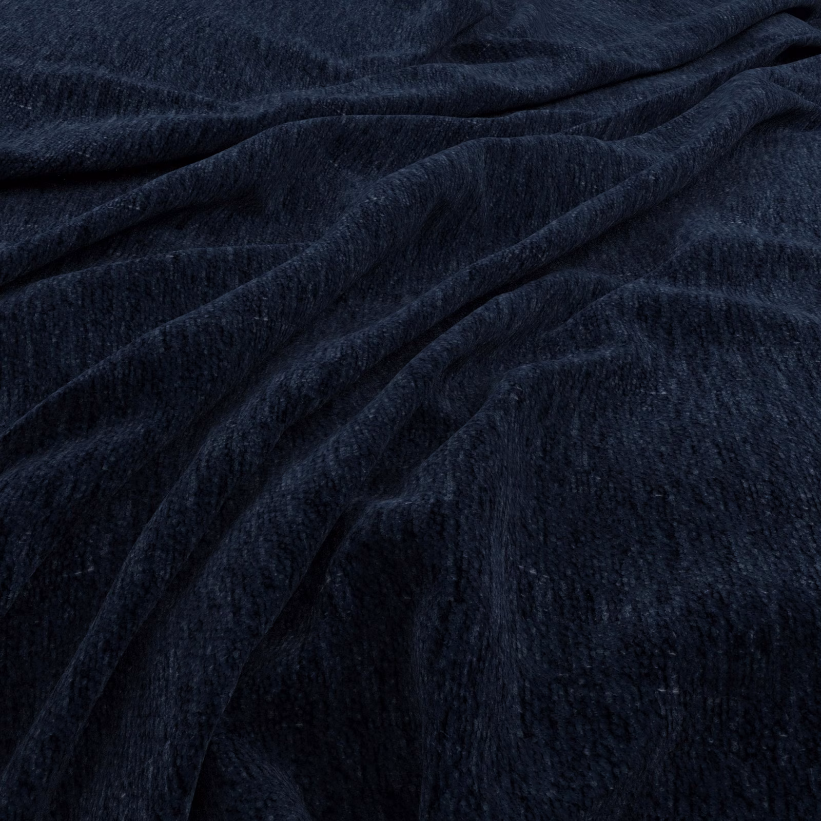 Deep denim-blue plush pile fabric gathered into softly reflective folds