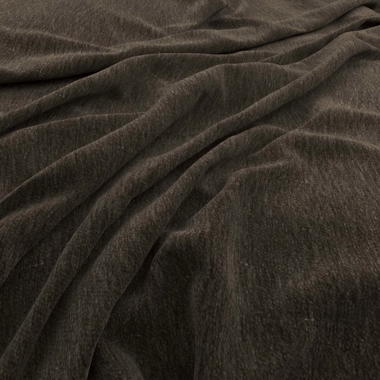 Deep charcoal-taupe velvet-like fabric with fine pile and softly folded drape