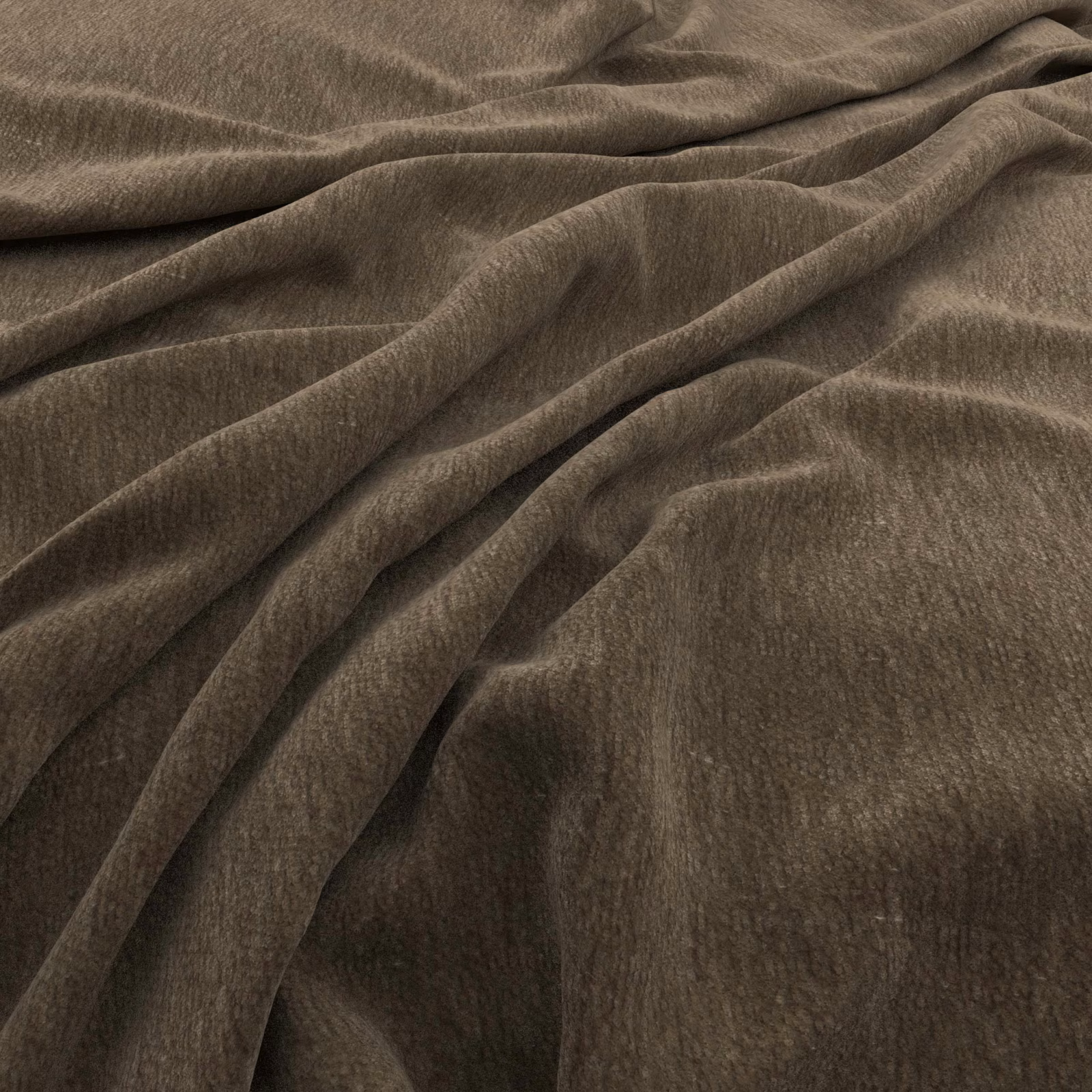 Draped lichen olive-brown pile fabric with fine texture, soft sheen and deep folds