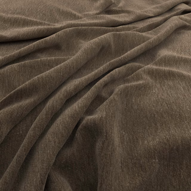 Draped lichen olive-brown pile fabric with fine texture, soft sheen and deep folds