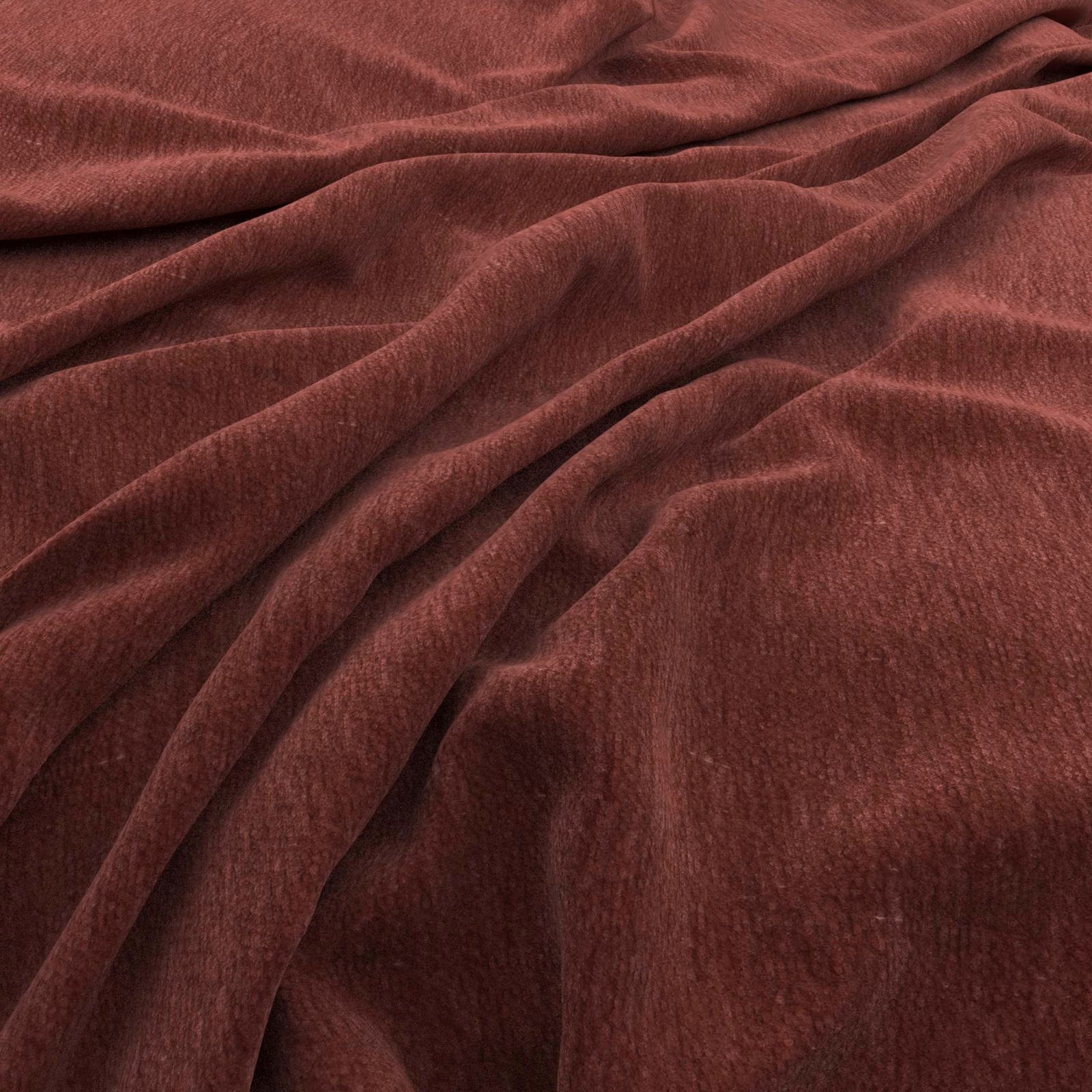 Deep madder-red textured fabric draped in folds with soft directional highlights