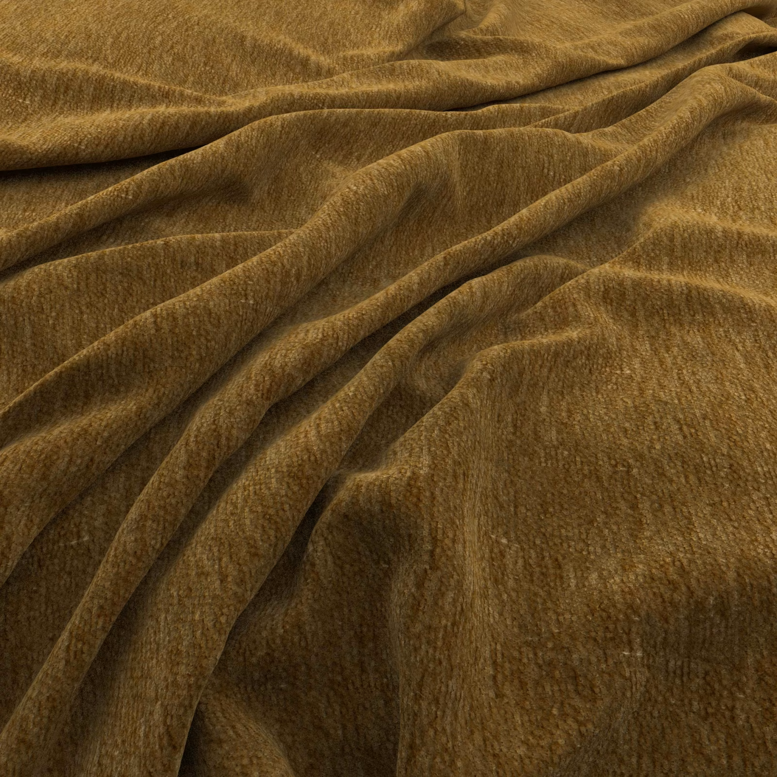 Warm ochre-brown short-pile textile shown in softly folded, light-catching drapes