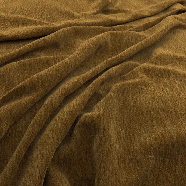 Warm ochre-brown short-pile textile shown in softly folded, light-catching drapes