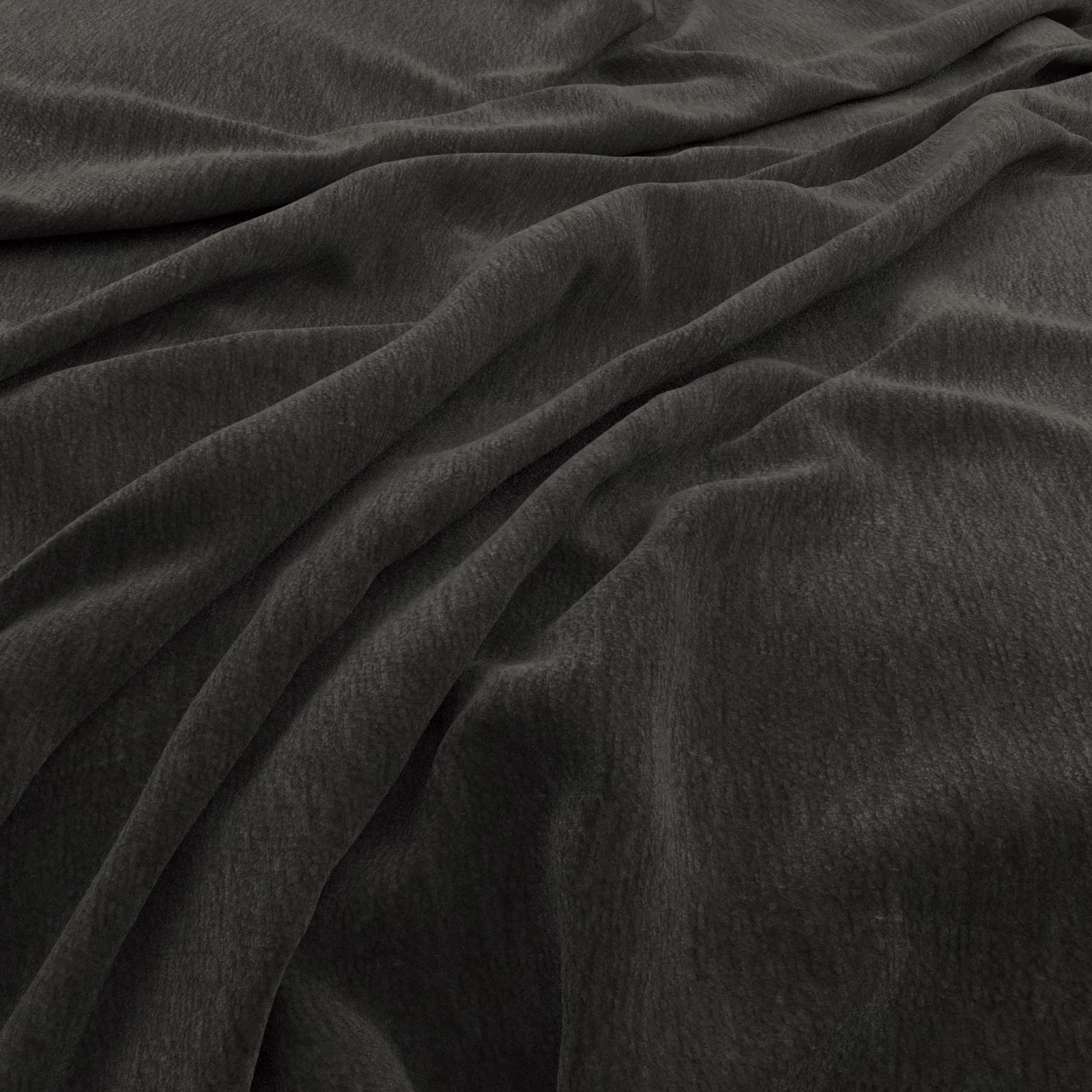 Dark slate-grey brushed pile fabric gathered into soft, dimensional folds
