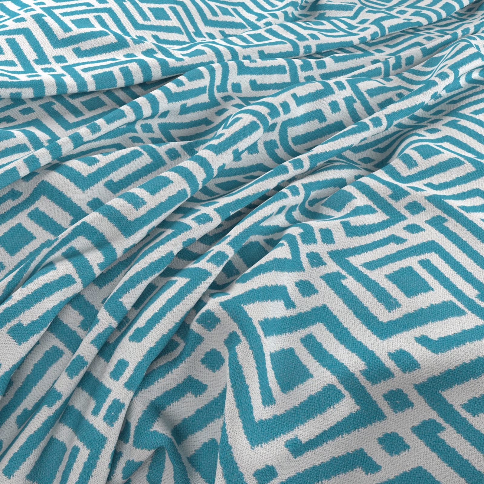 Turquoise teal woven fabric with soft white irregular maze pattern in gathered folds