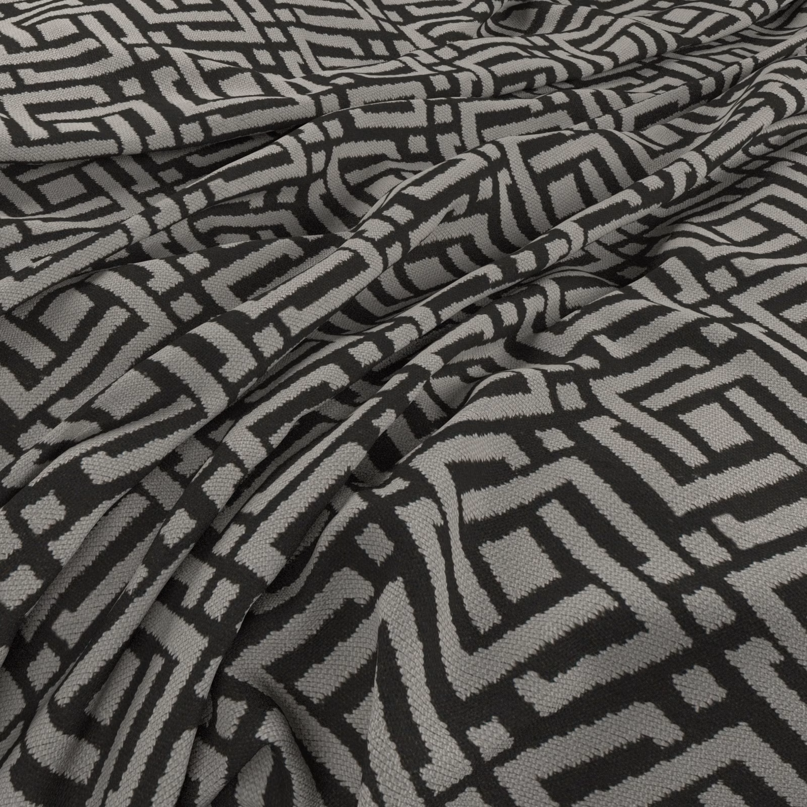 Charcoal and stone-grey woven fabric with bold interlocking geometric lines and soft folds