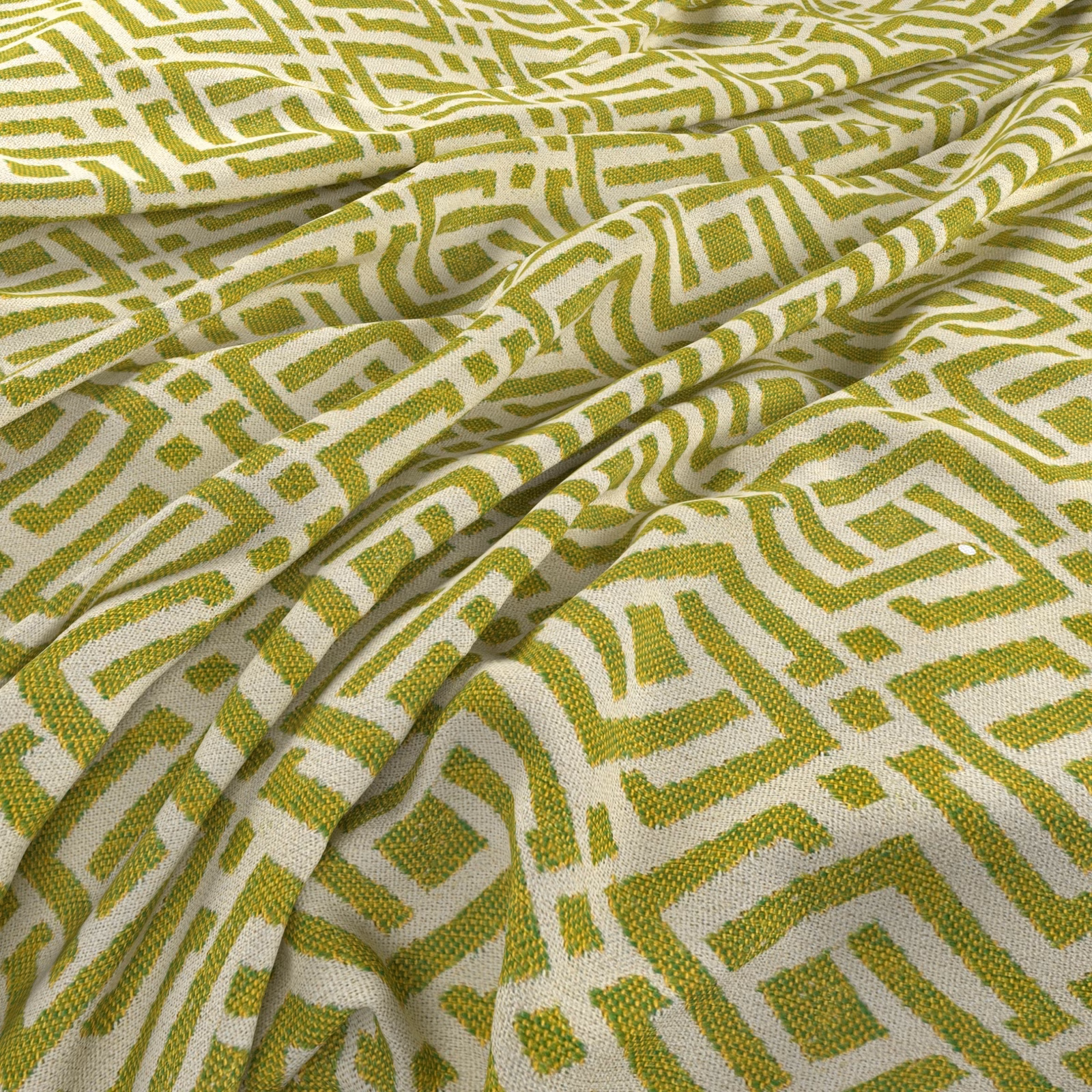 Lime-green maze pattern woven across warm ivory fabric in soft folds