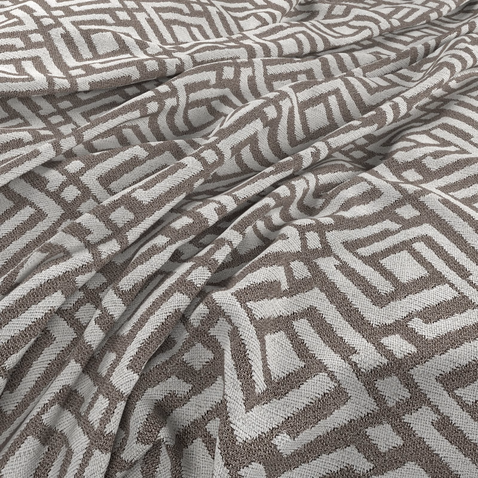 Mushroom taupe and ivory woven fabric with raised angular maze pattern