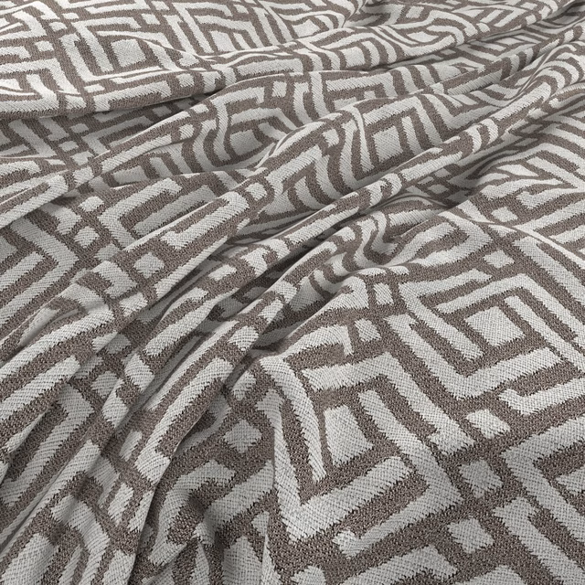 Mushroom taupe and ivory woven fabric with raised angular maze pattern