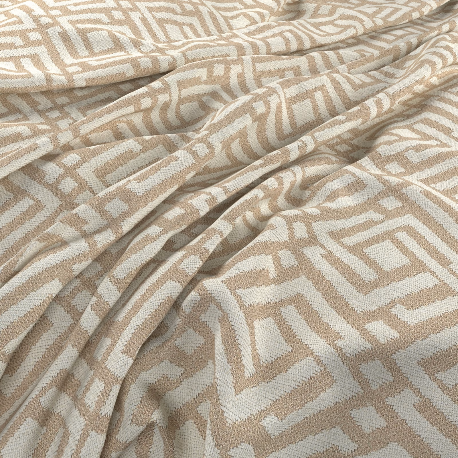 Sandal beige woven fabric with ivory angular maze motif and soft folds