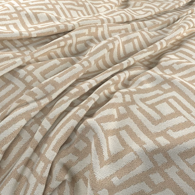 Sandal beige woven fabric with ivory angular maze motif and soft folds