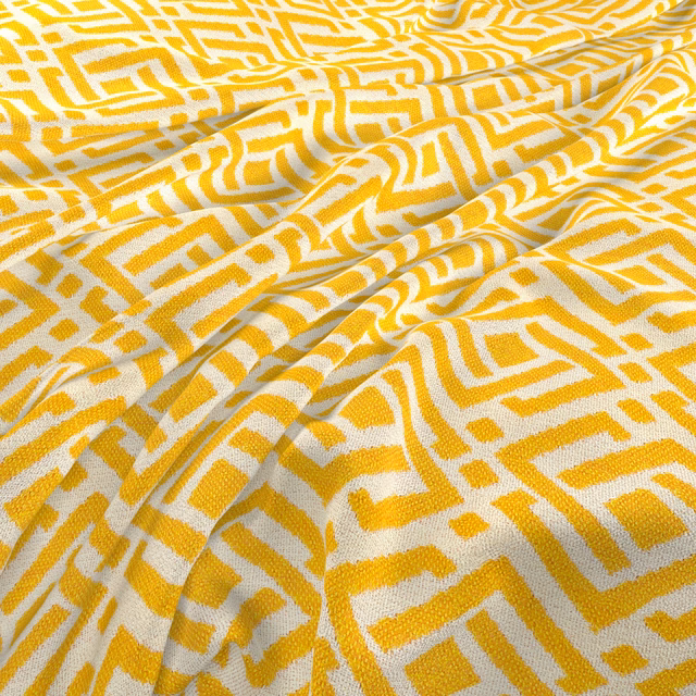 Sunshine yellow and cream woven fabric with angular maze lines and soft folds