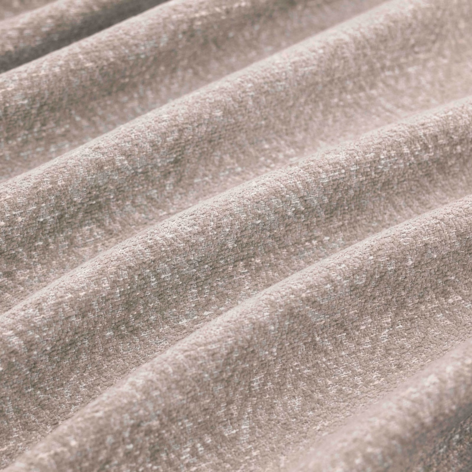 Warm taupe-grey woven fabric with mottled texture draped in soft rounded folds
