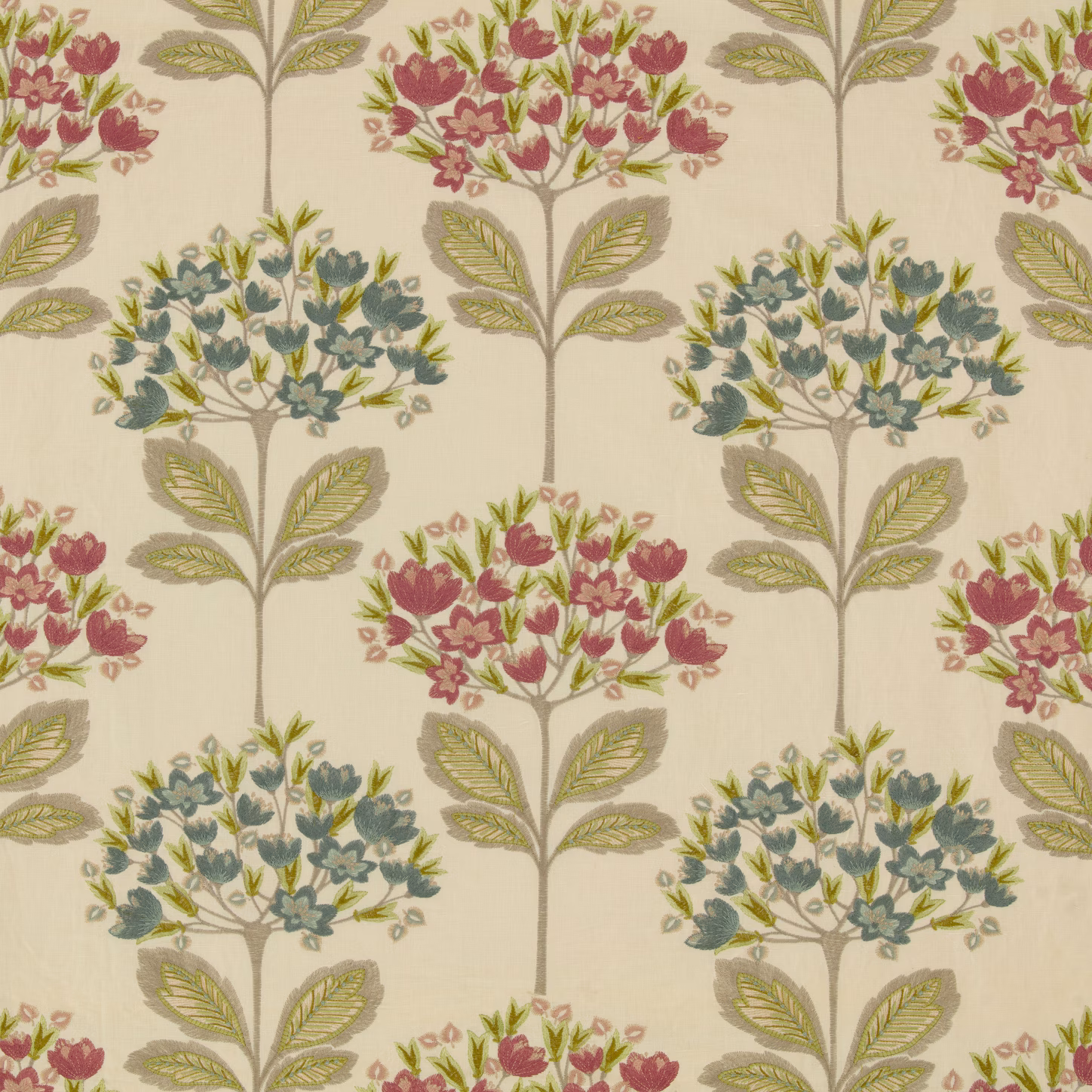 Cream floral fabric with burgundy, blue-green and olive flowering tree motifs
