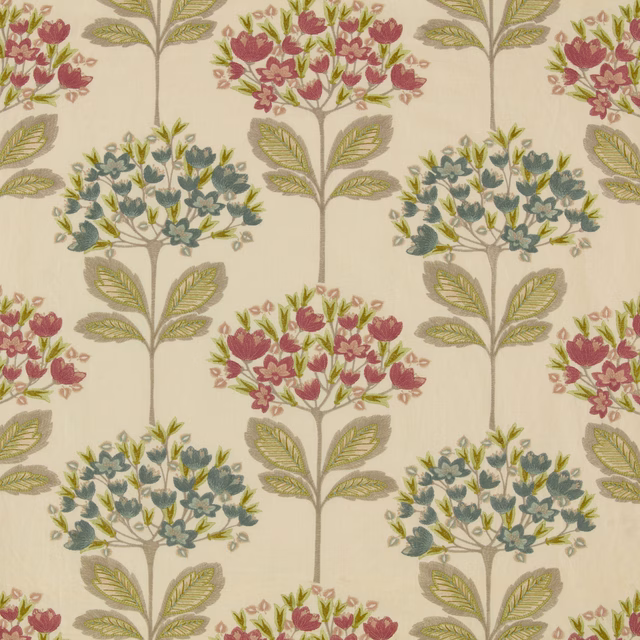 Cream floral fabric with burgundy, blue-green and olive flowering tree motifs