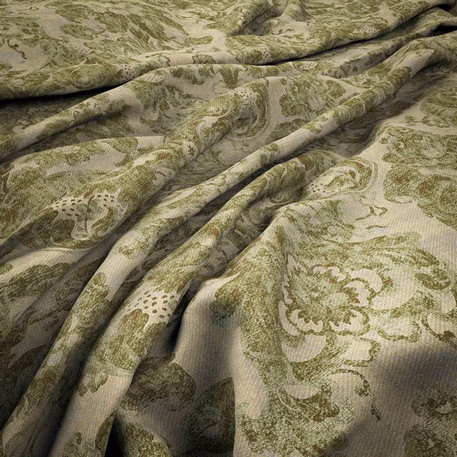 Olive and taupe damask fabric showing floral scrolls and a softly textured woven surface