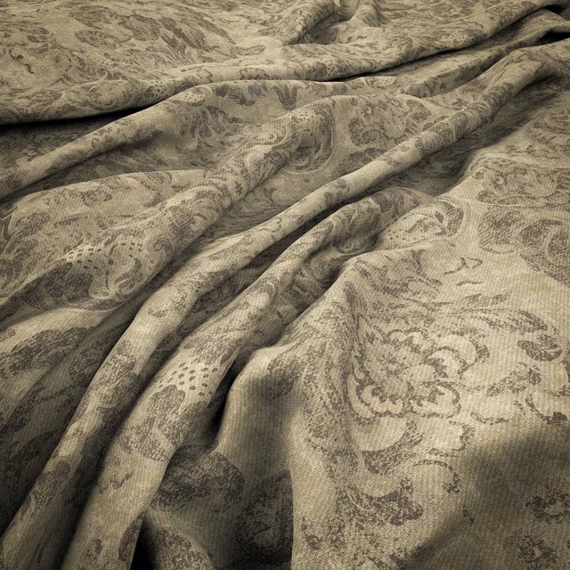 Muted sepia-taupe fabric with shadowed damask florals and soft woven texture