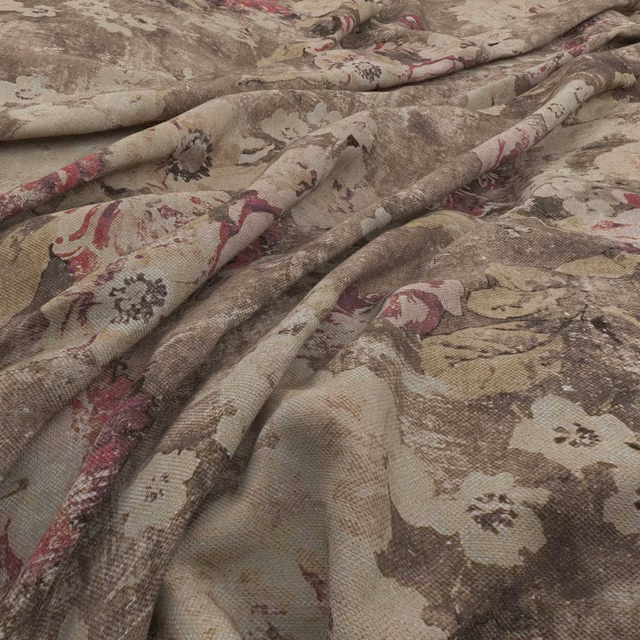 Taupe woven floral fabric with burgundy blooms and softly distressed painterly detail