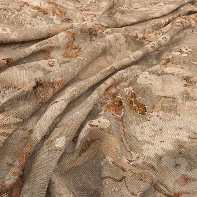 Warm sepia floral fabric with taupe ground, rust blooms and subtle woven texture