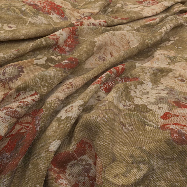 Olive taupe woven fabric with sienna red floral motifs and folded texture