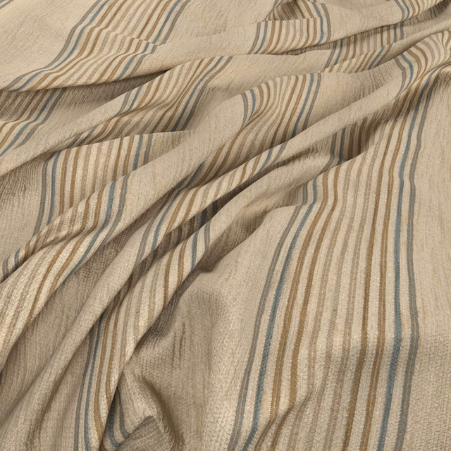 Beige woven swatch with flowing duckegg-blue, taupe and brown stripes in soft folds