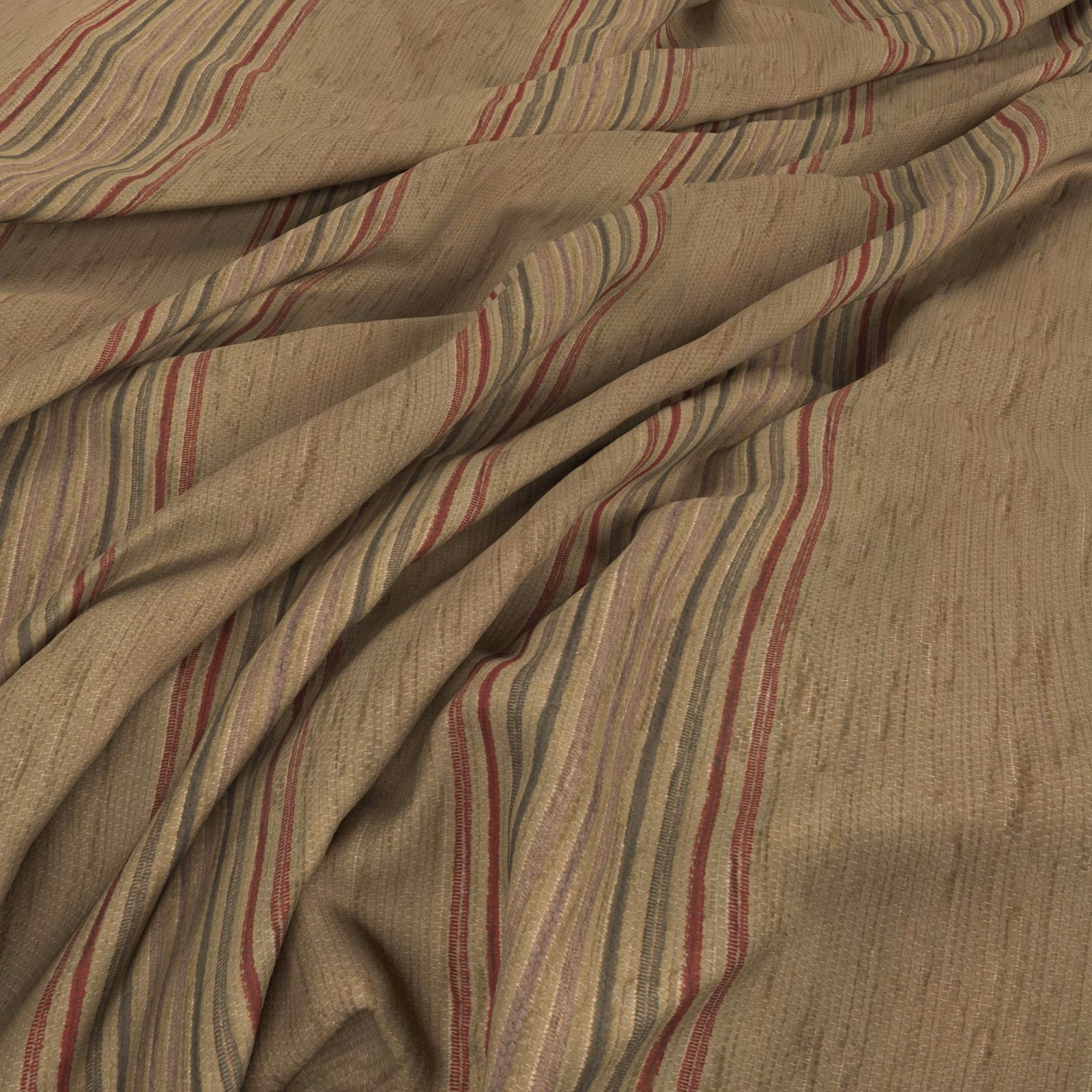 Warm taupe woven fabric with undulating ruby, olive and cream stripes in soft folds