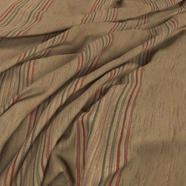Warm taupe woven fabric with undulating ruby, olive and cream stripes in soft folds