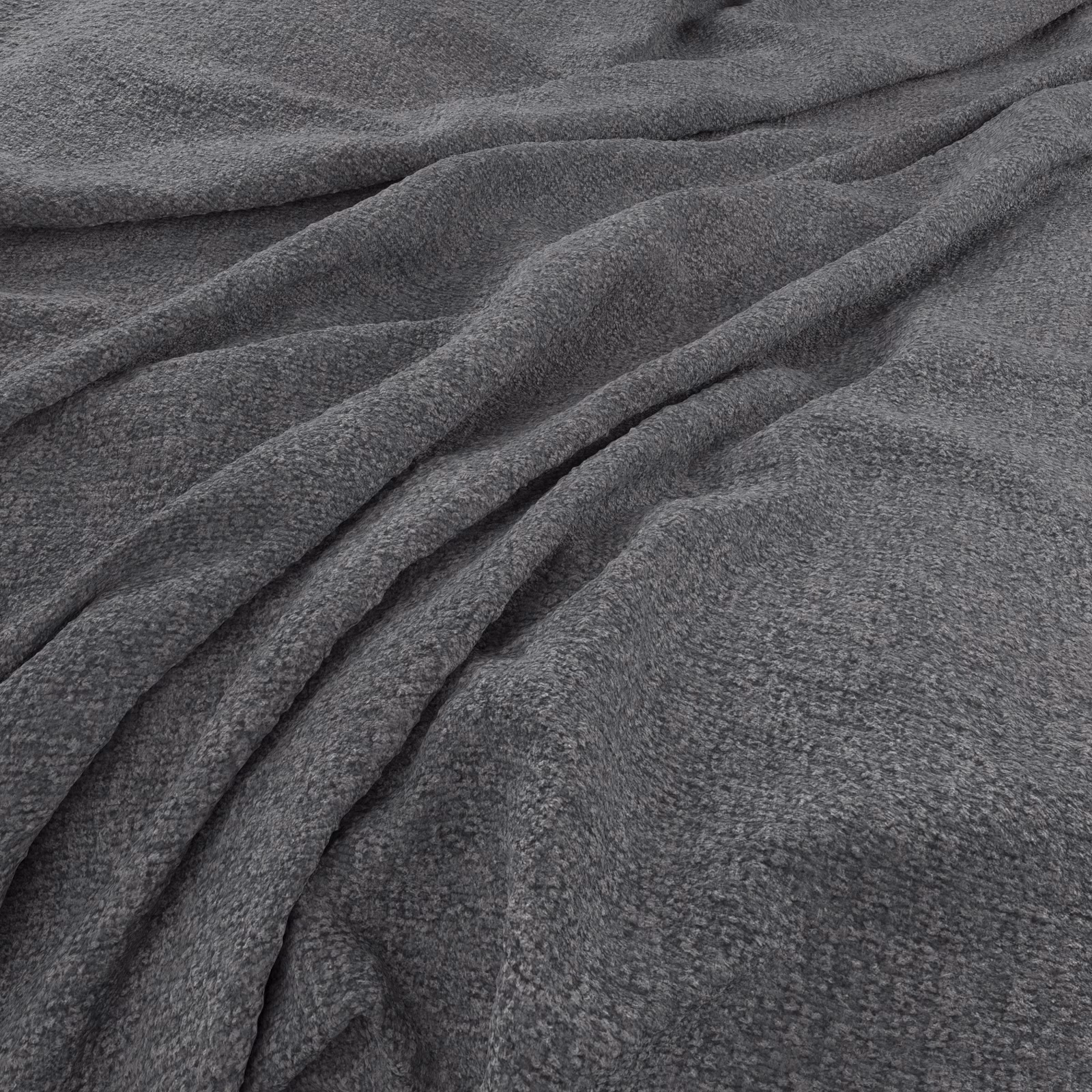 Close view of Brecon Graphite’s charcoal-grey, softly textured fabric gathered into deep folds