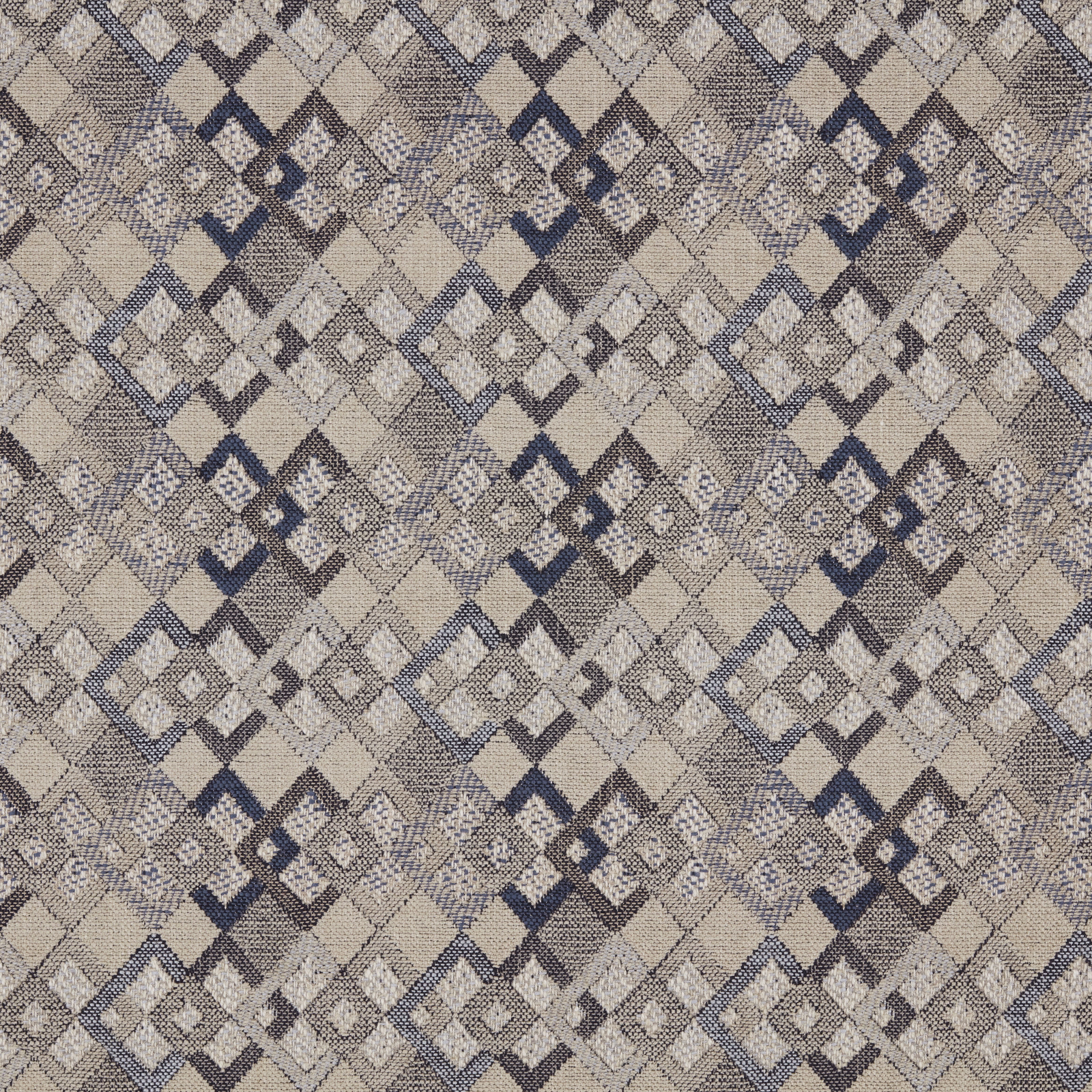Stone and navy diamond argyle woven upholstery fabric with textured surface