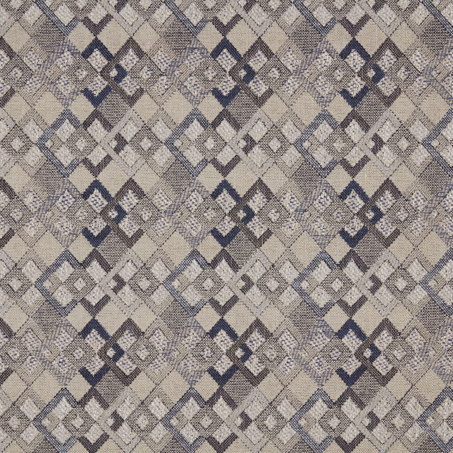 Stone and navy diamond argyle woven upholstery fabric with textured surface