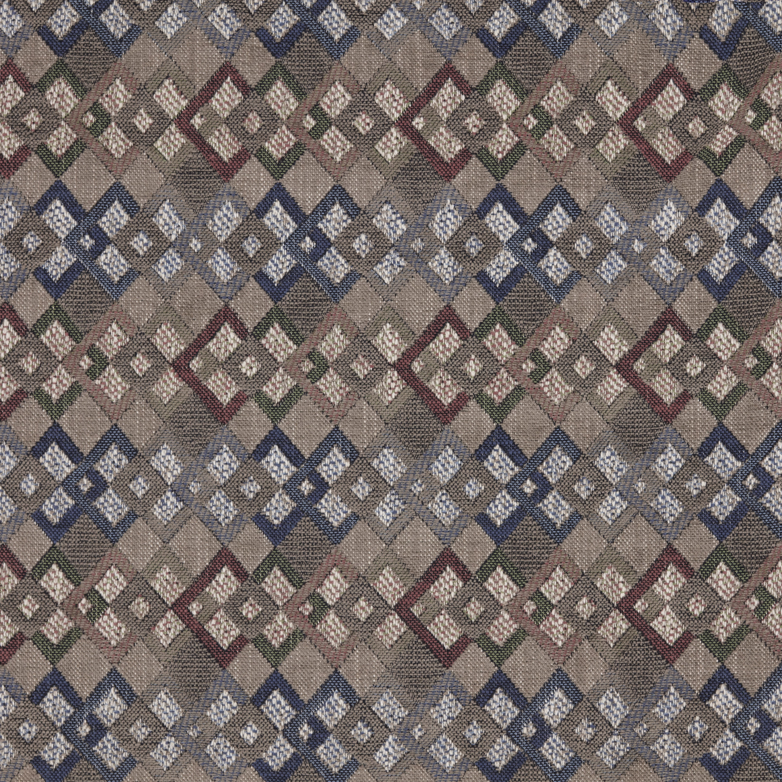 Muted multicolour geometric jacquard with diamond bands in blue, burgundy and olive