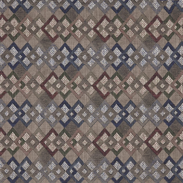 Muted multicolour geometric jacquard with diamond bands in blue, burgundy and olive
