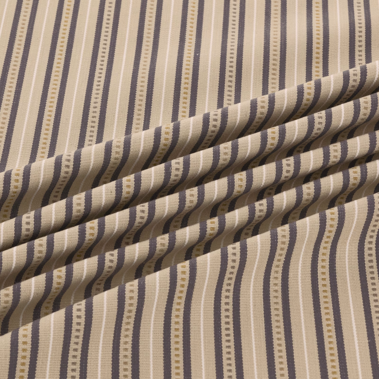 Warm beige and cream woven stripes with deep taupe broken-line detailing
