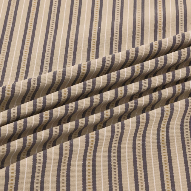 Warm beige and cream woven stripes with deep taupe broken-line detailing