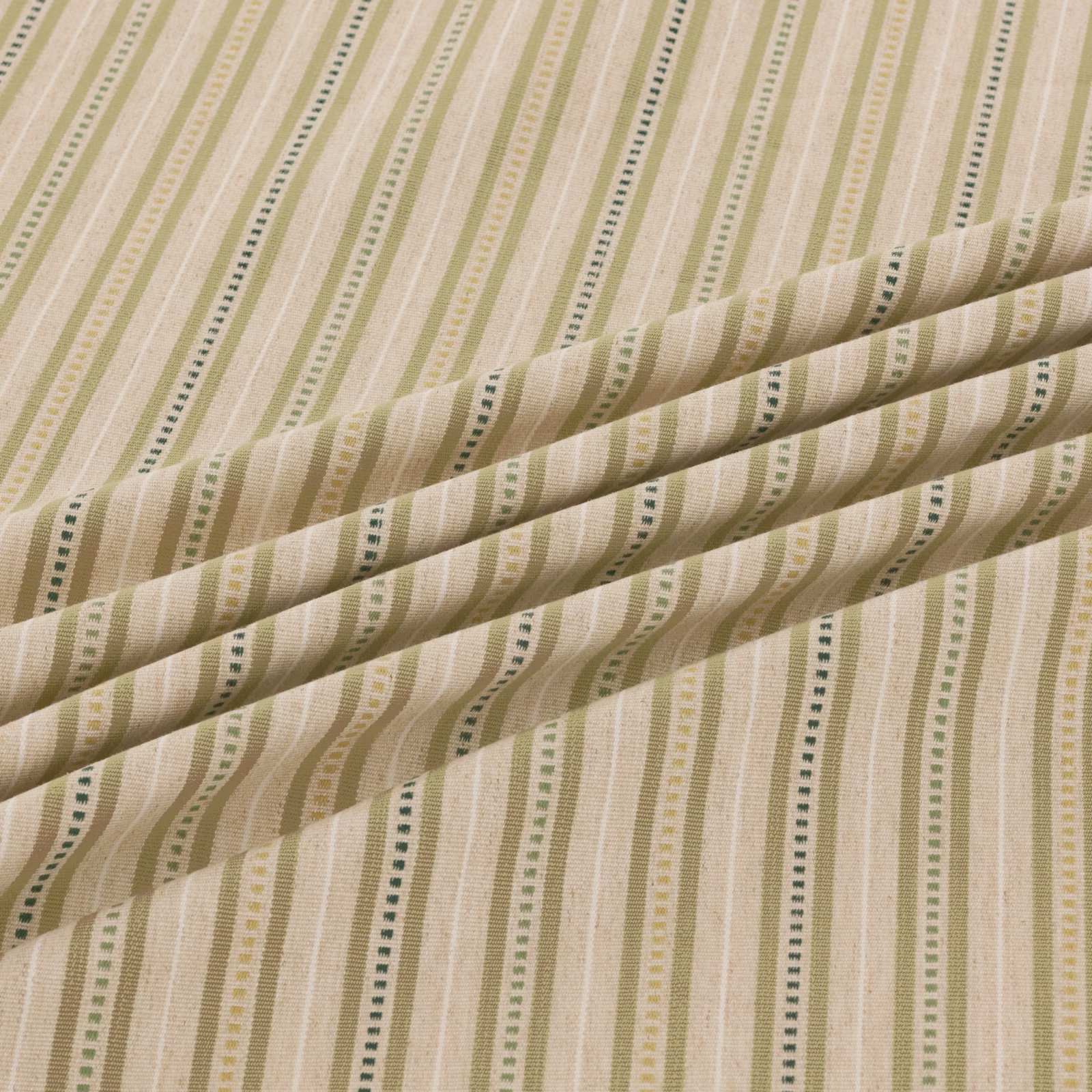 Muted willow green and cream striped weave with broken dotted lines