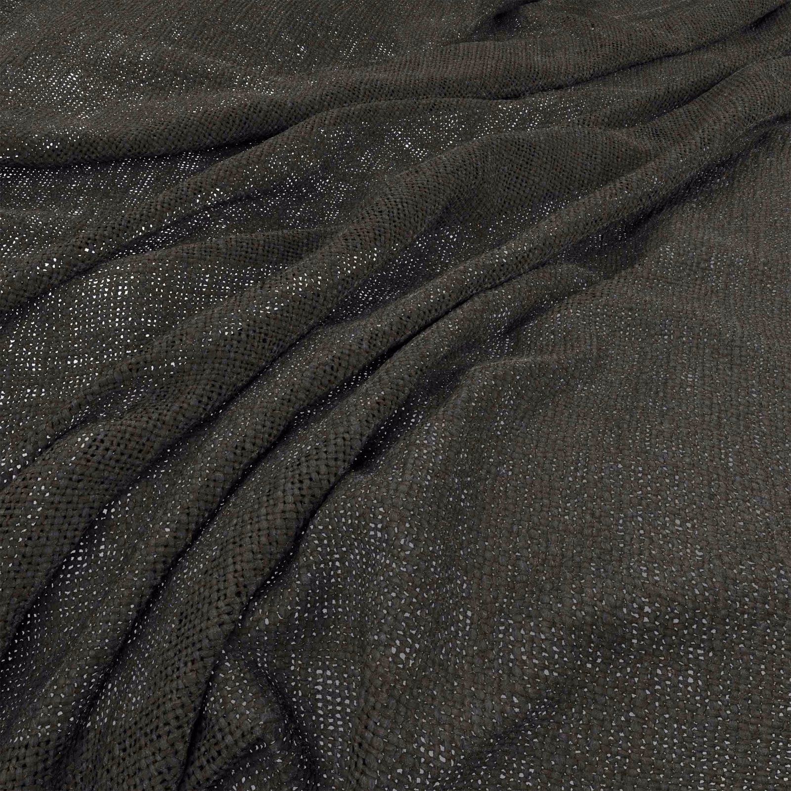 Deep bitter-brown woven fabric with fine dotted texture gathered into dark flowing folds