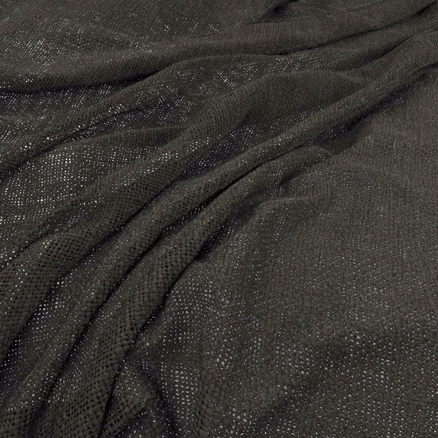 Deep bitter-brown woven fabric with fine dotted texture gathered into dark flowing folds