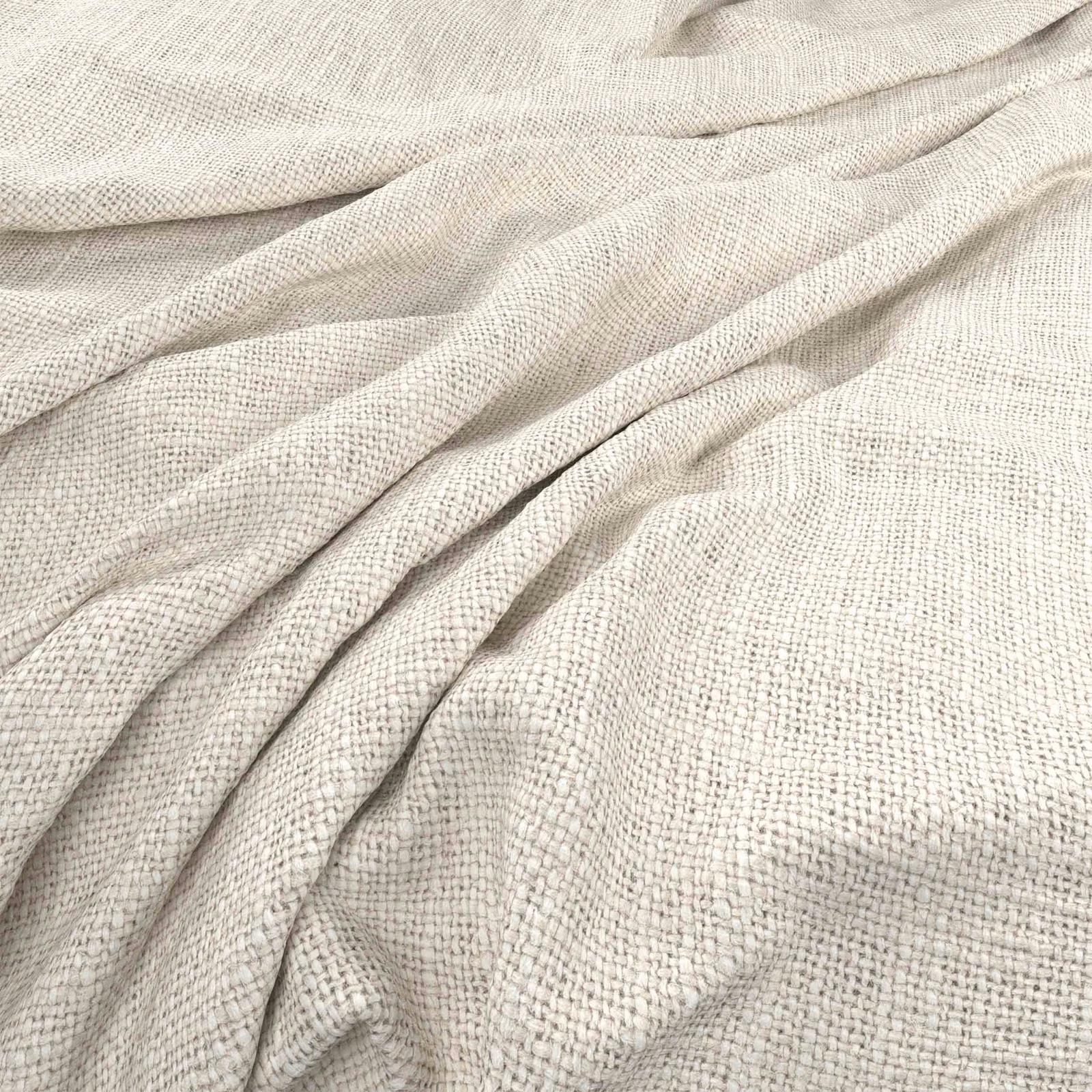 Pale chalk woven fabric with a fine nubby grid texture and soft folds