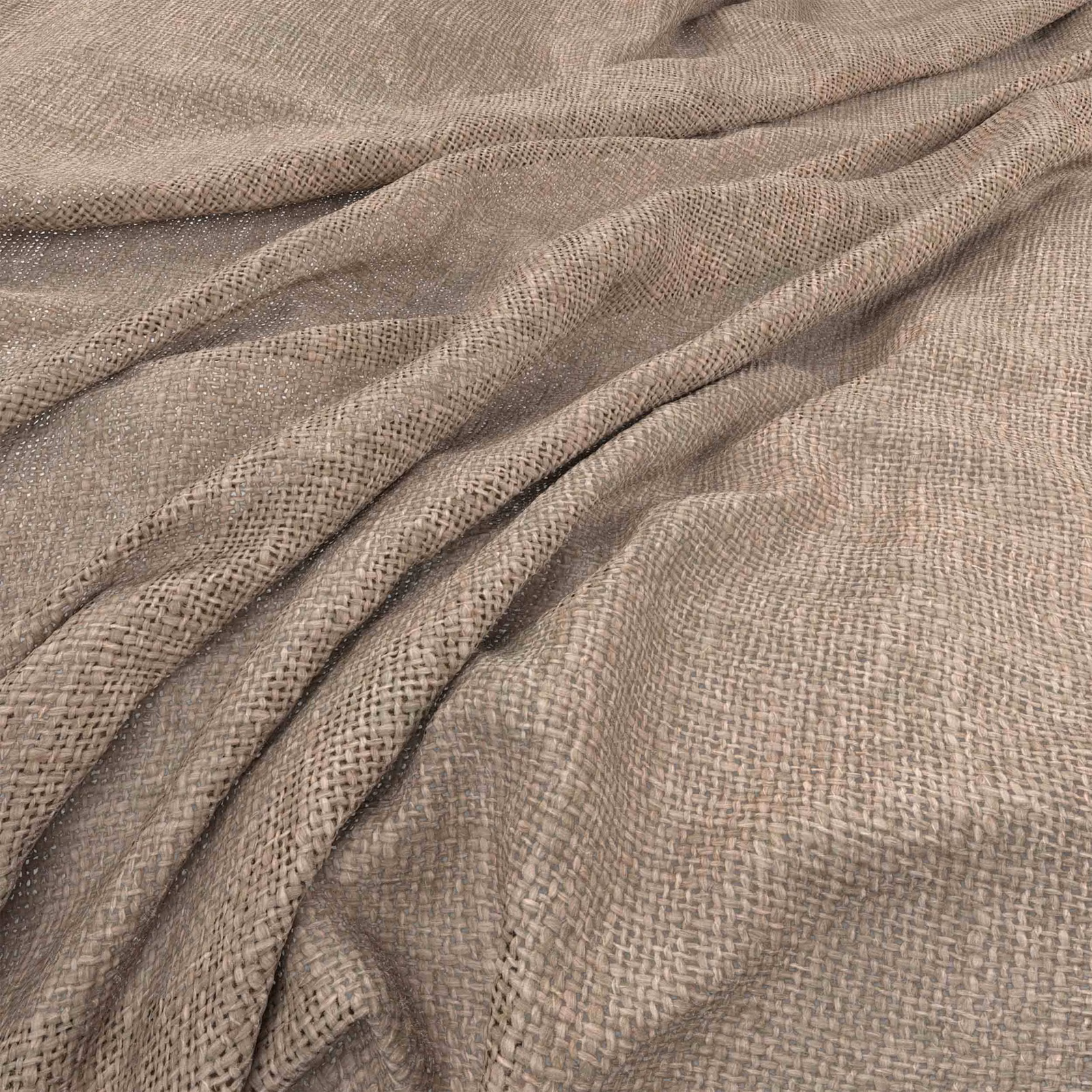 Warm flax-taupe open-weave fabric gathered into soft, fluid folds
