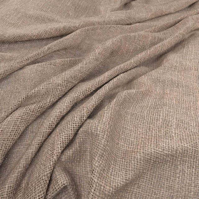 Warm flax-taupe open-weave fabric gathered into soft, fluid folds