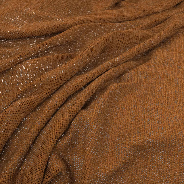 Warm henna-brown woven swatch showing nubby texture, tonal flecks and soft draped folds