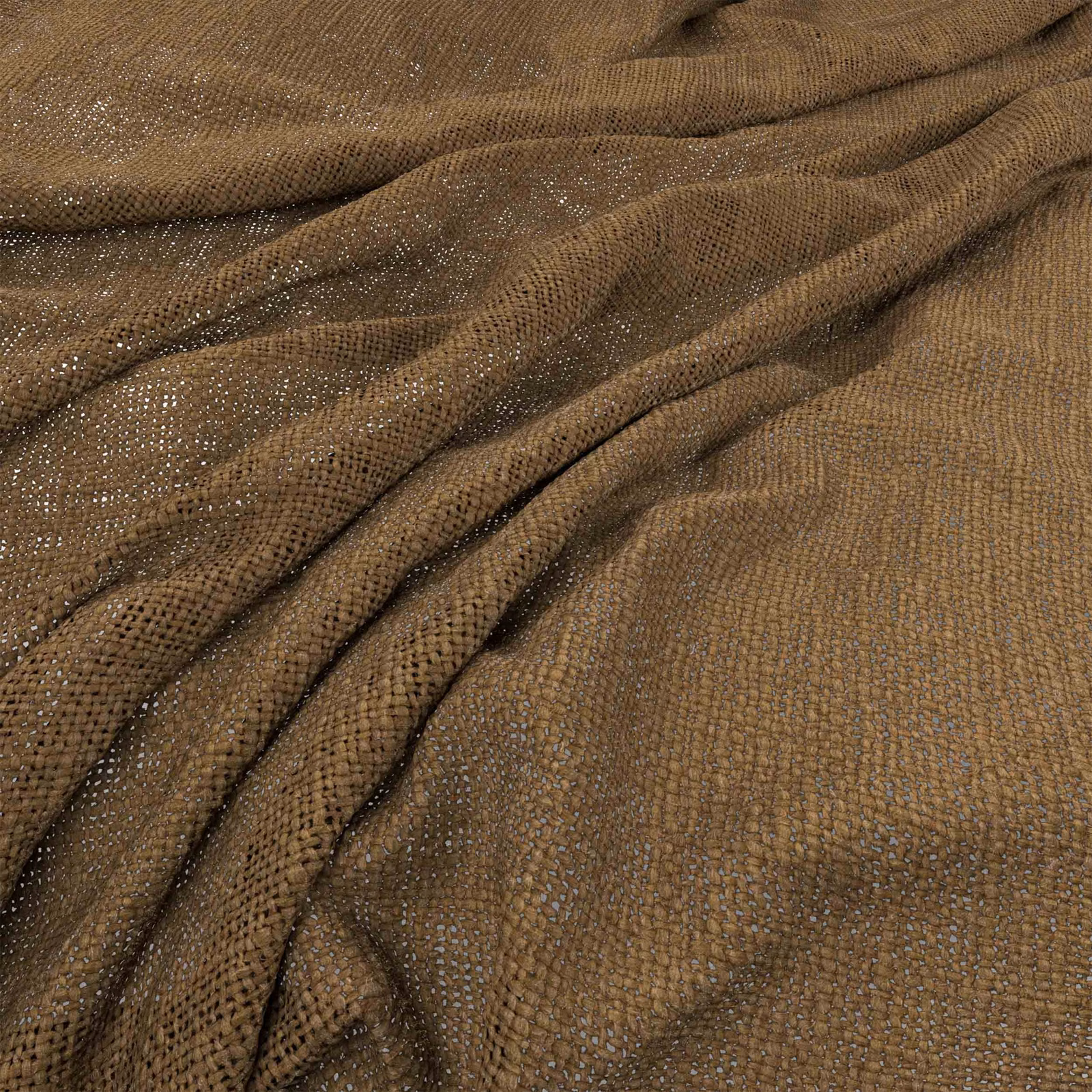 Warm jute-brown woven fabric with an open grid texture and rumpled folds