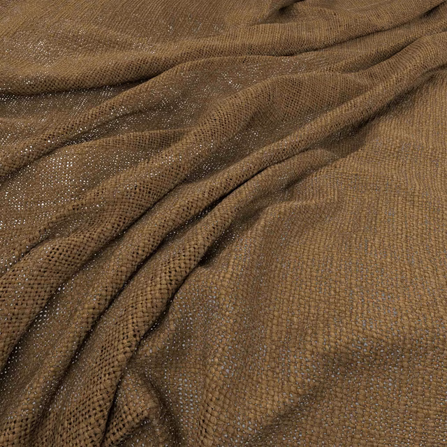 Warm jute-brown woven fabric with an open grid texture and rumpled folds