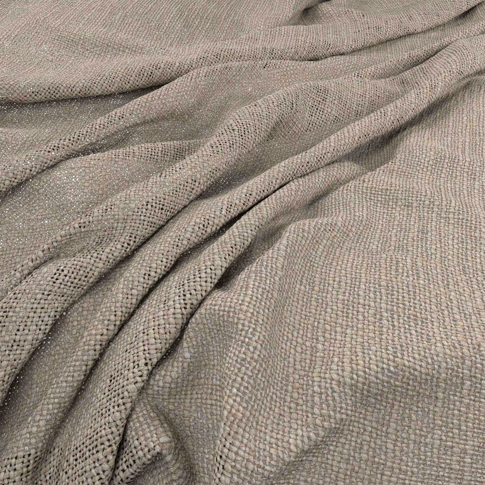 Warm greige woven textile with a pebbled basket texture gathered into soft folds