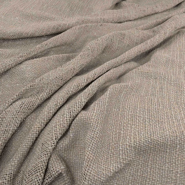 Warm greige woven textile with a pebbled basket texture gathered into soft folds